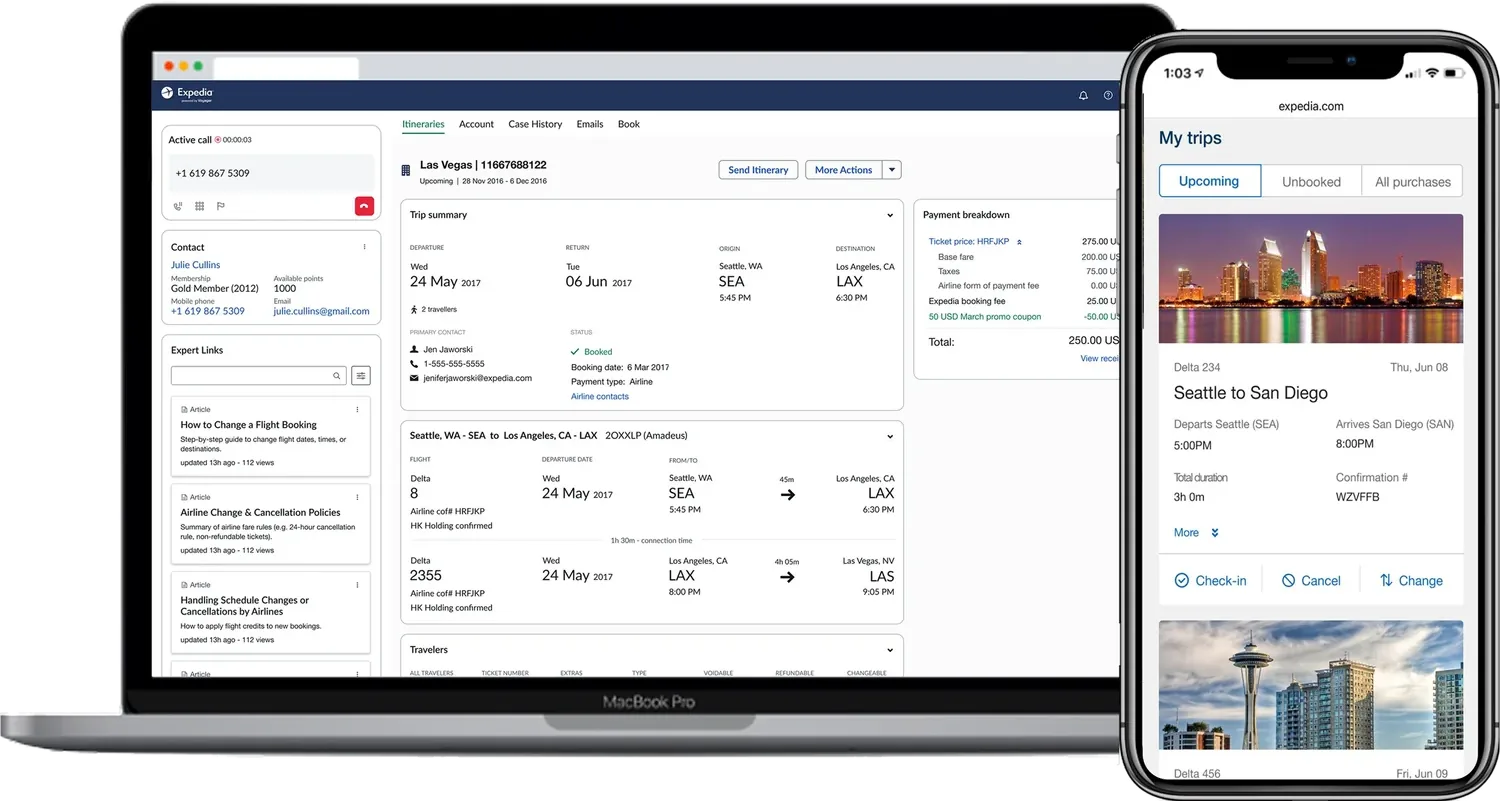 Expedia flight change — agent desktop console and customer mobile rebooking flow