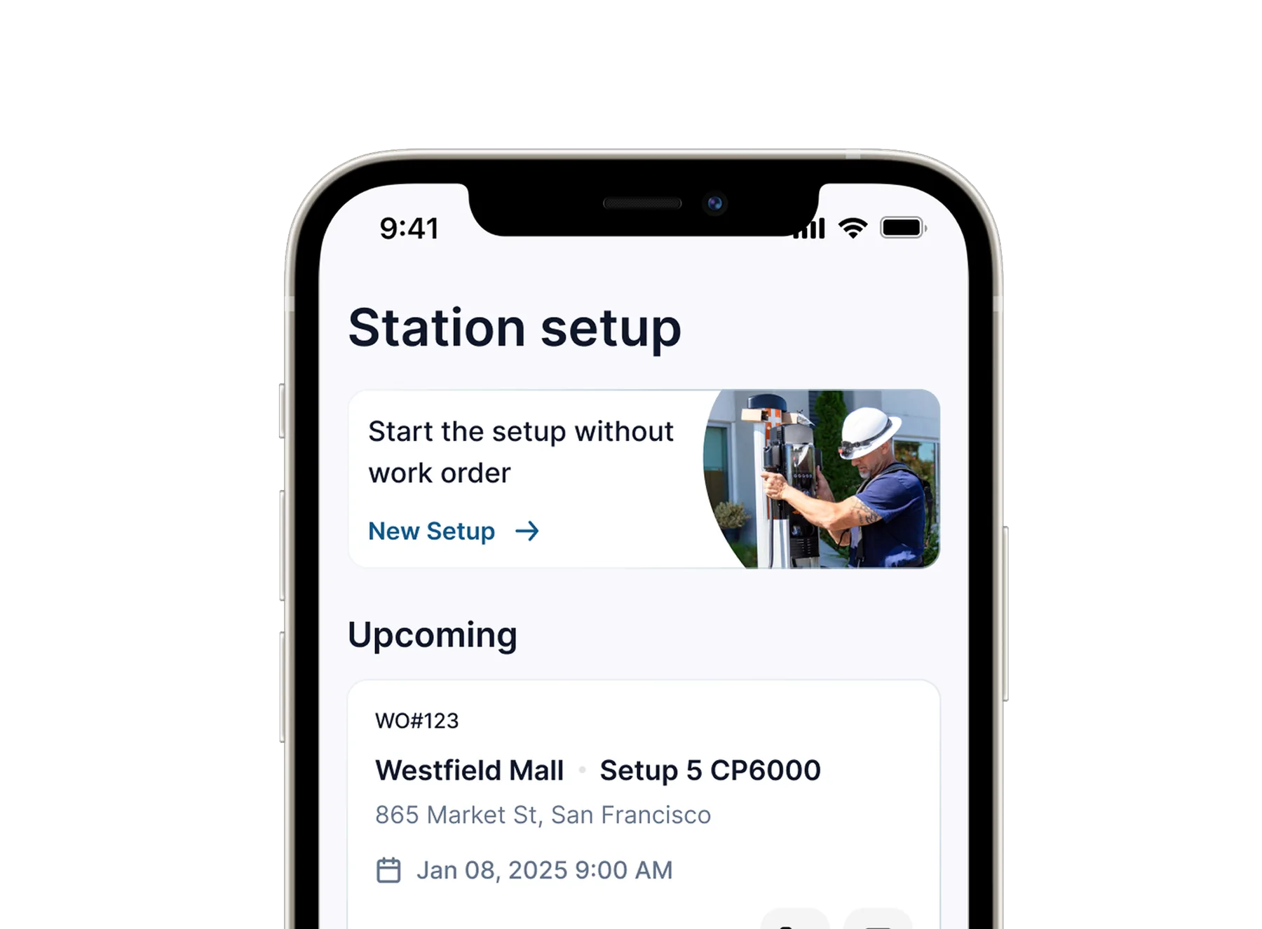 Service Pro station setup home screen, listing an installer's upcoming work orders