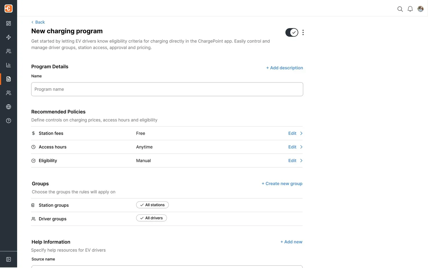The redesigned unified setup form with expandable policy sections