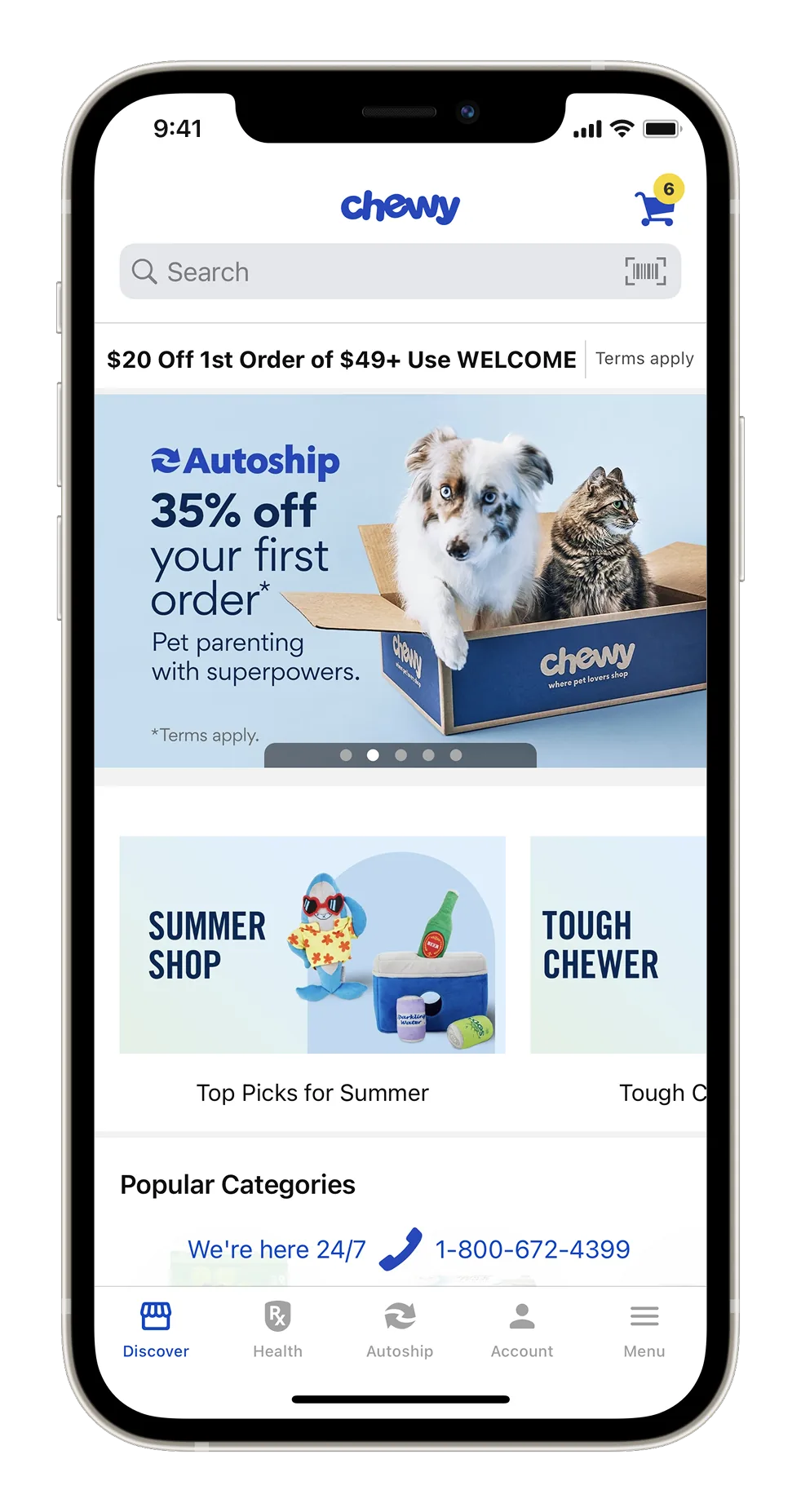 The Chewy mobile app home screen
