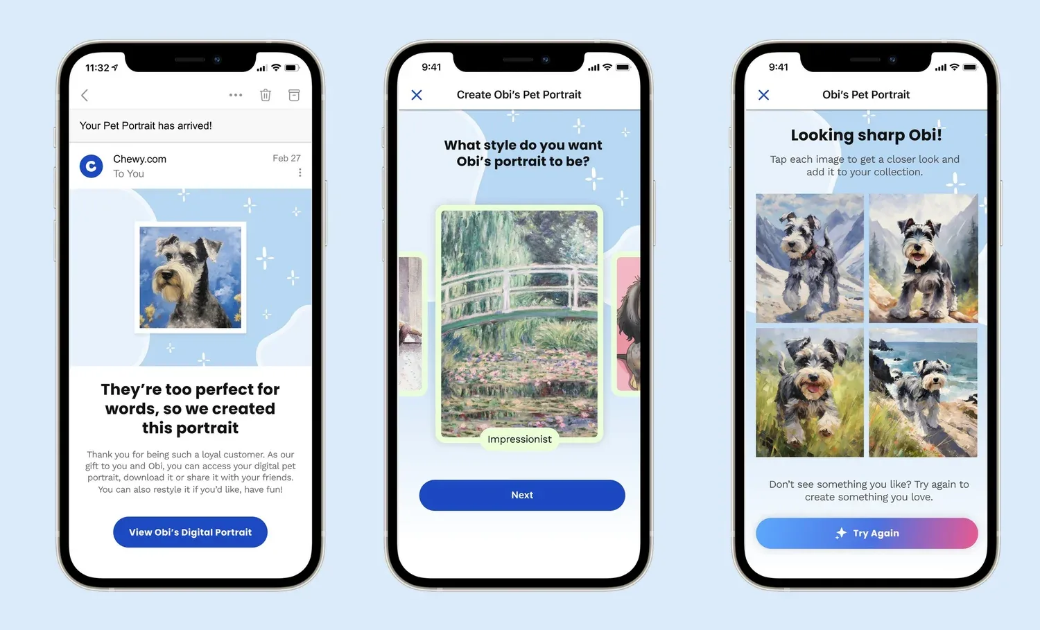 Three phone screens: the arrival email, choosing a portrait style, and the finished AI portraits