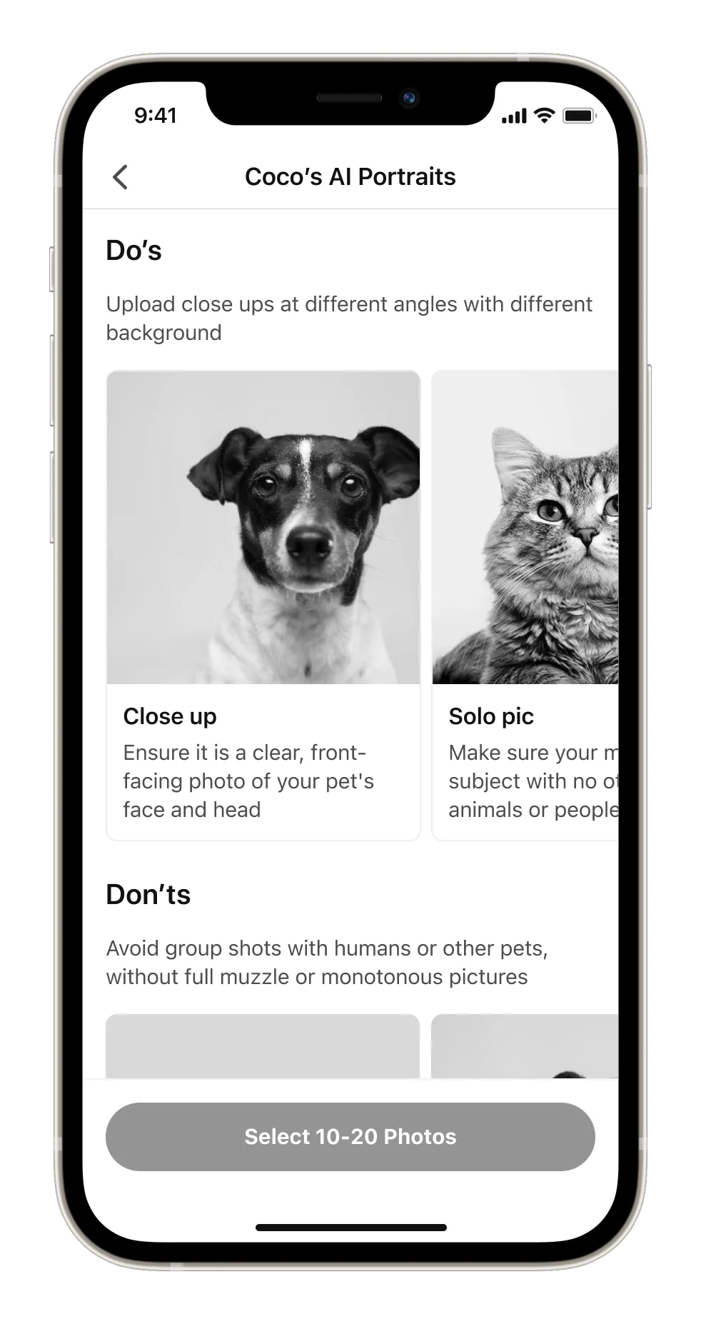 Expectation-setting screen with do's and don'ts and a Select 10-20 Photos button