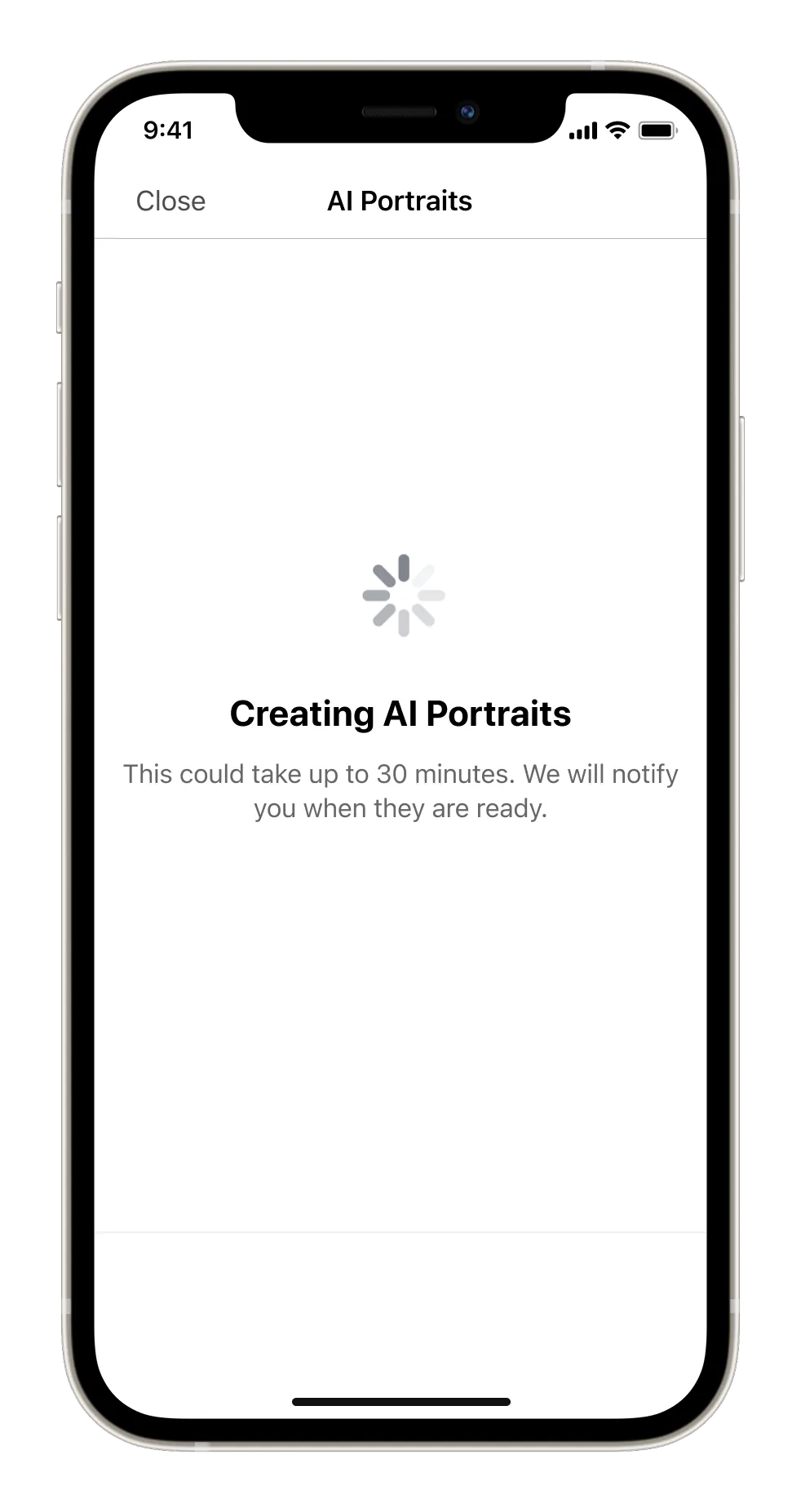 A bare spinner reading Creating AI Portraits, this could take up to 30 minutes