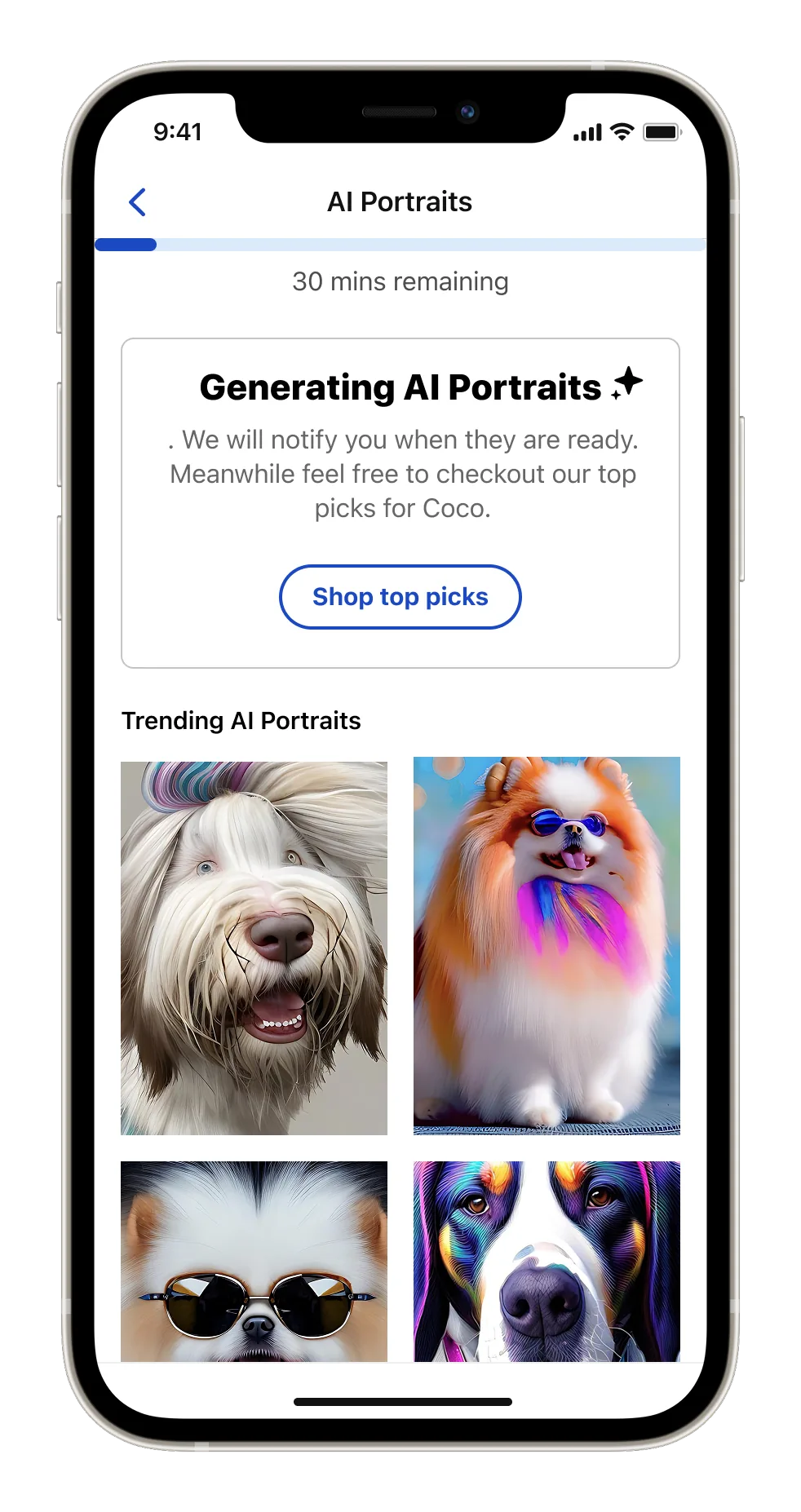 A progress bar counting down 30 minutes remaining above a grid of trending AI portraits