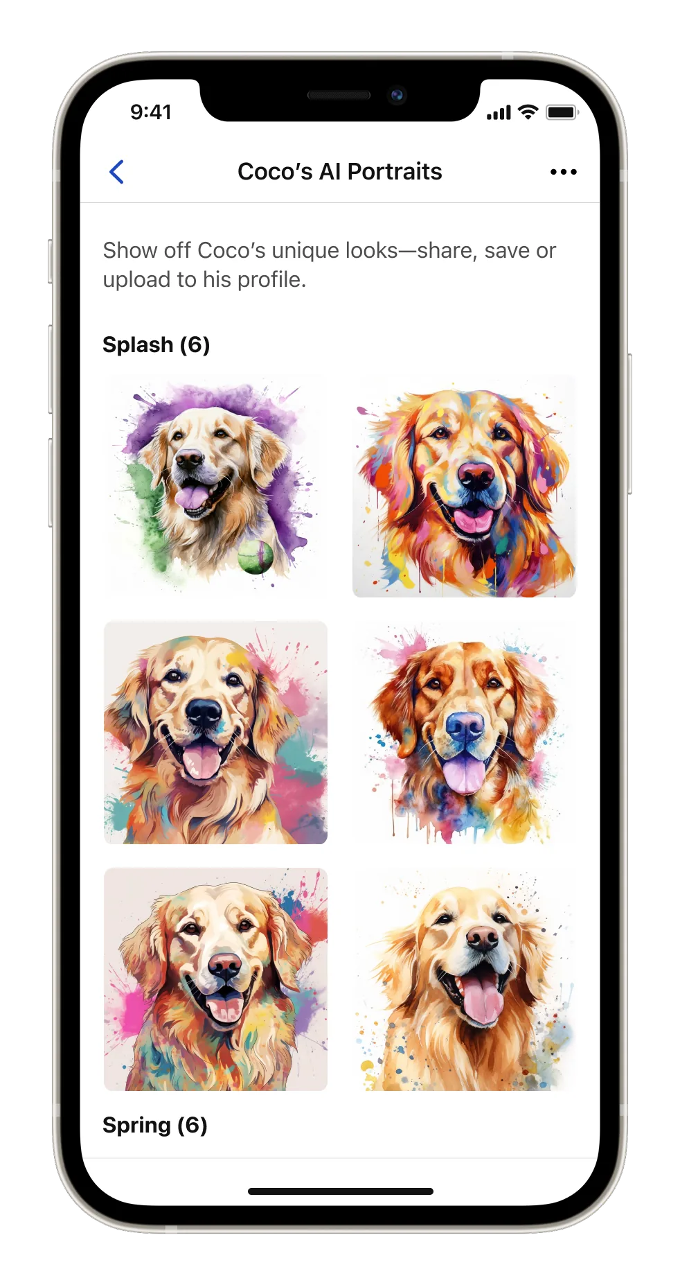 A long grid of AI portrait styles grouped into sets of six: Splash, Spring, and more