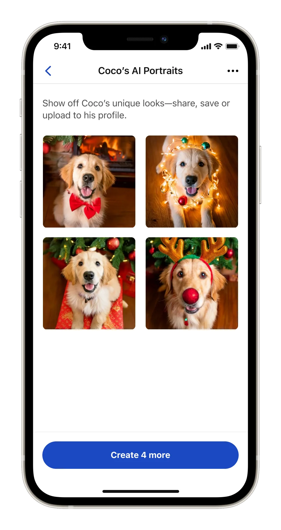 Four holiday-styled portraits of the same dog with a Create 4 more button