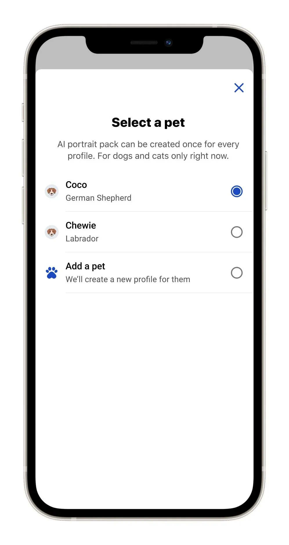 A Select a pet sheet offering a portrait pack for each pet profile
