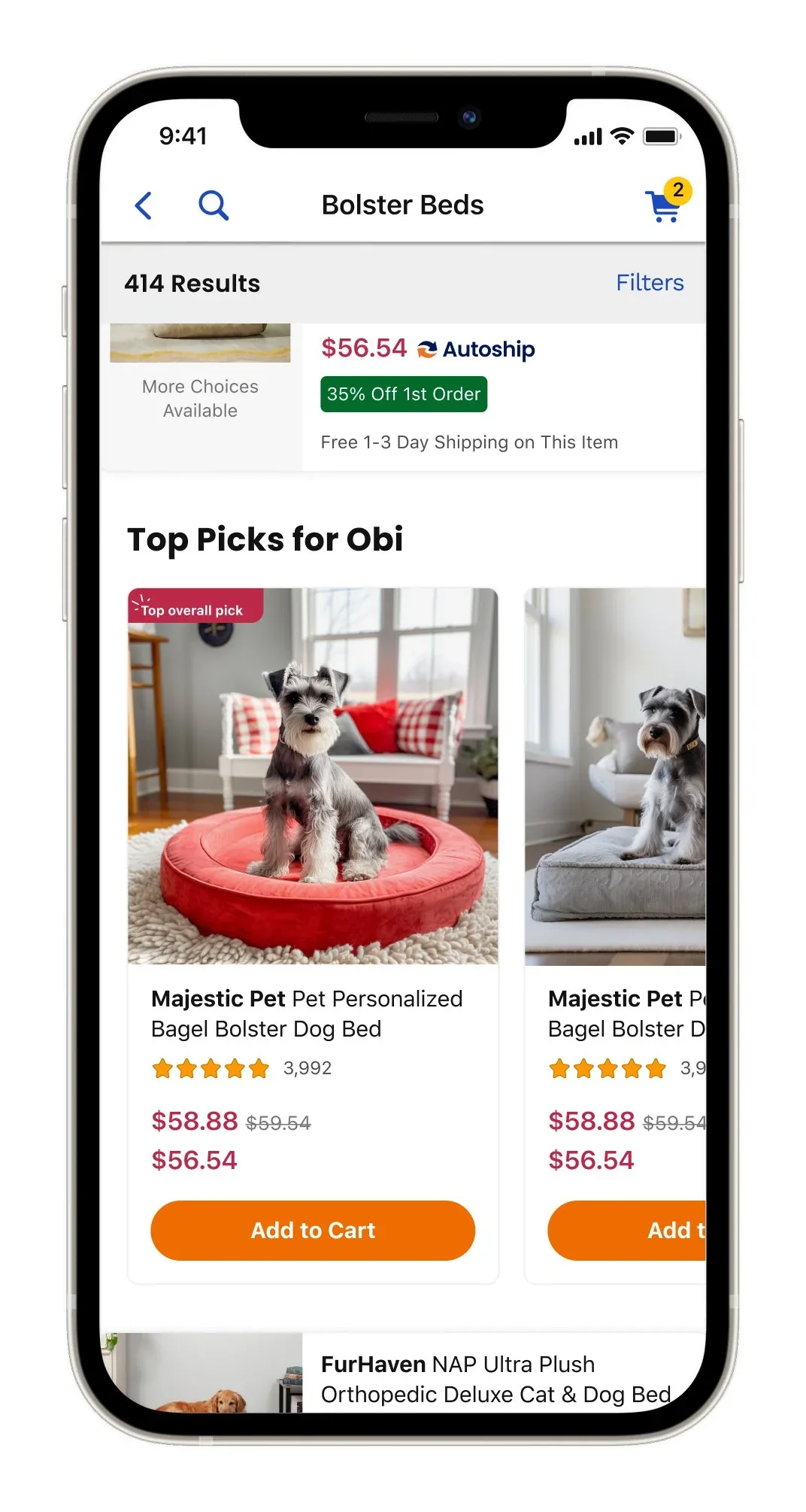 A bolster beds listing headed Top Picks for Obi, showing the customer's dog on each bed