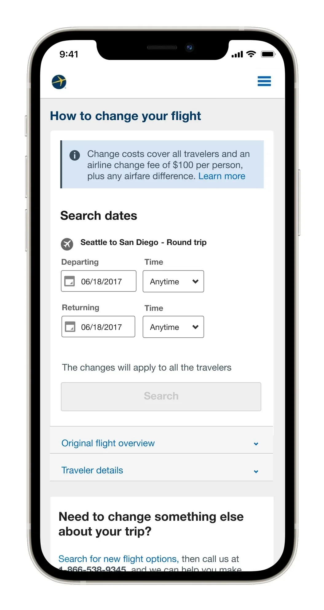 Iteration 1 — change costs explained in an inline banner above the search dates