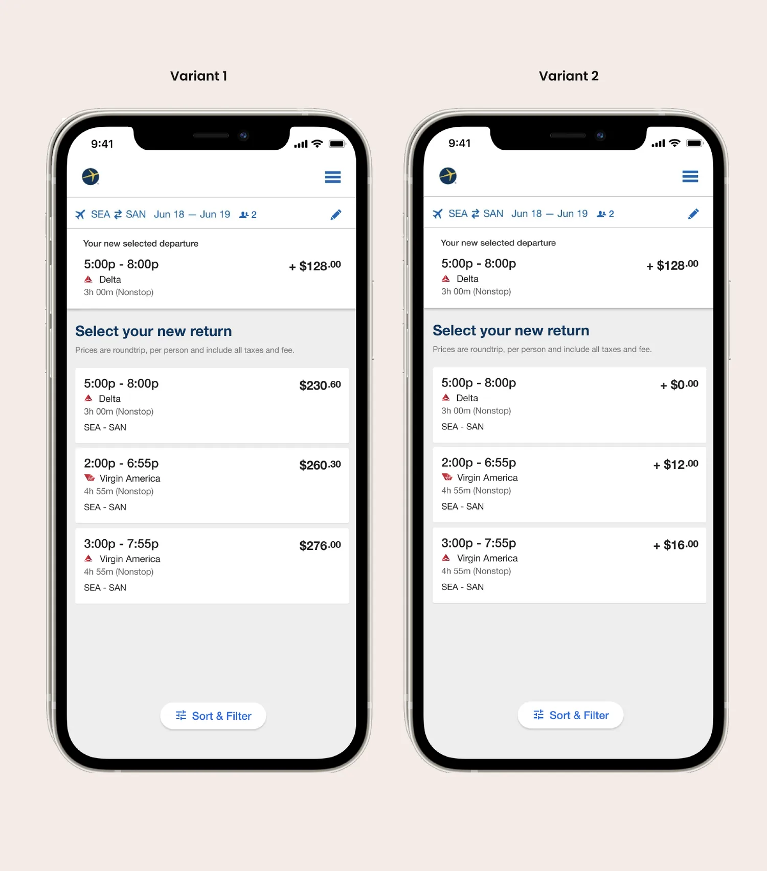 A/B test variants — full fare per option versus only the price difference against the booked itinerary