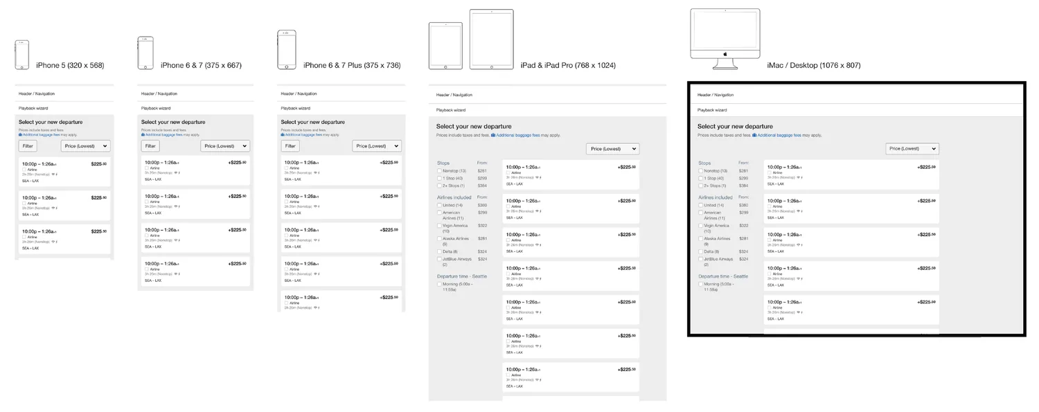 The flight-change flow specified across phone, tablet, and desktop breakpoints