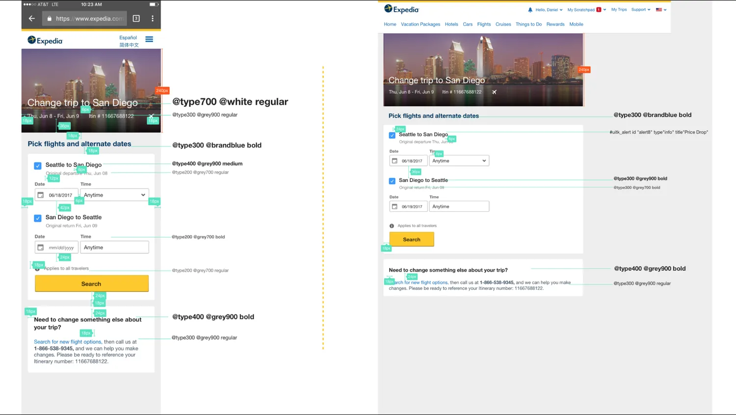 Redline specifications for the change-flight screen on mobile and desktop — spacing, type tokens, and colour tokens annotated