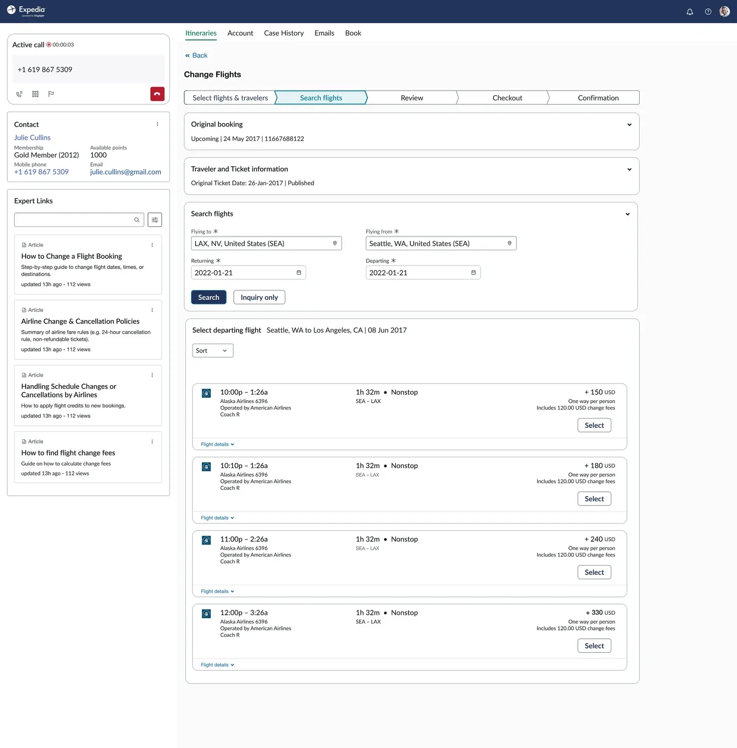 The final agent results page carrying the standardized stepper from search through confirmation