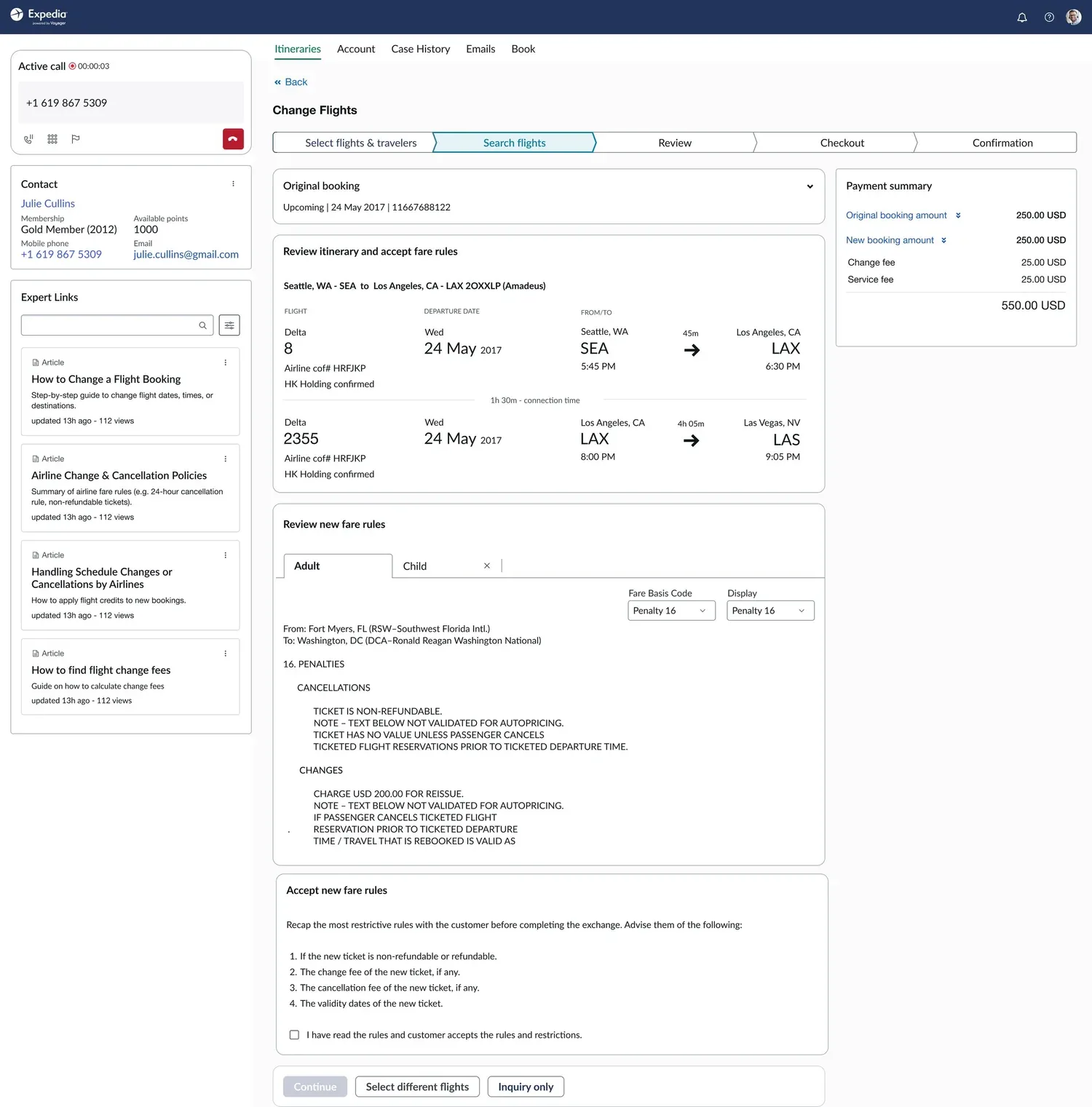 The final payment recap with an unambiguous amount-due summary and fare rules at hand