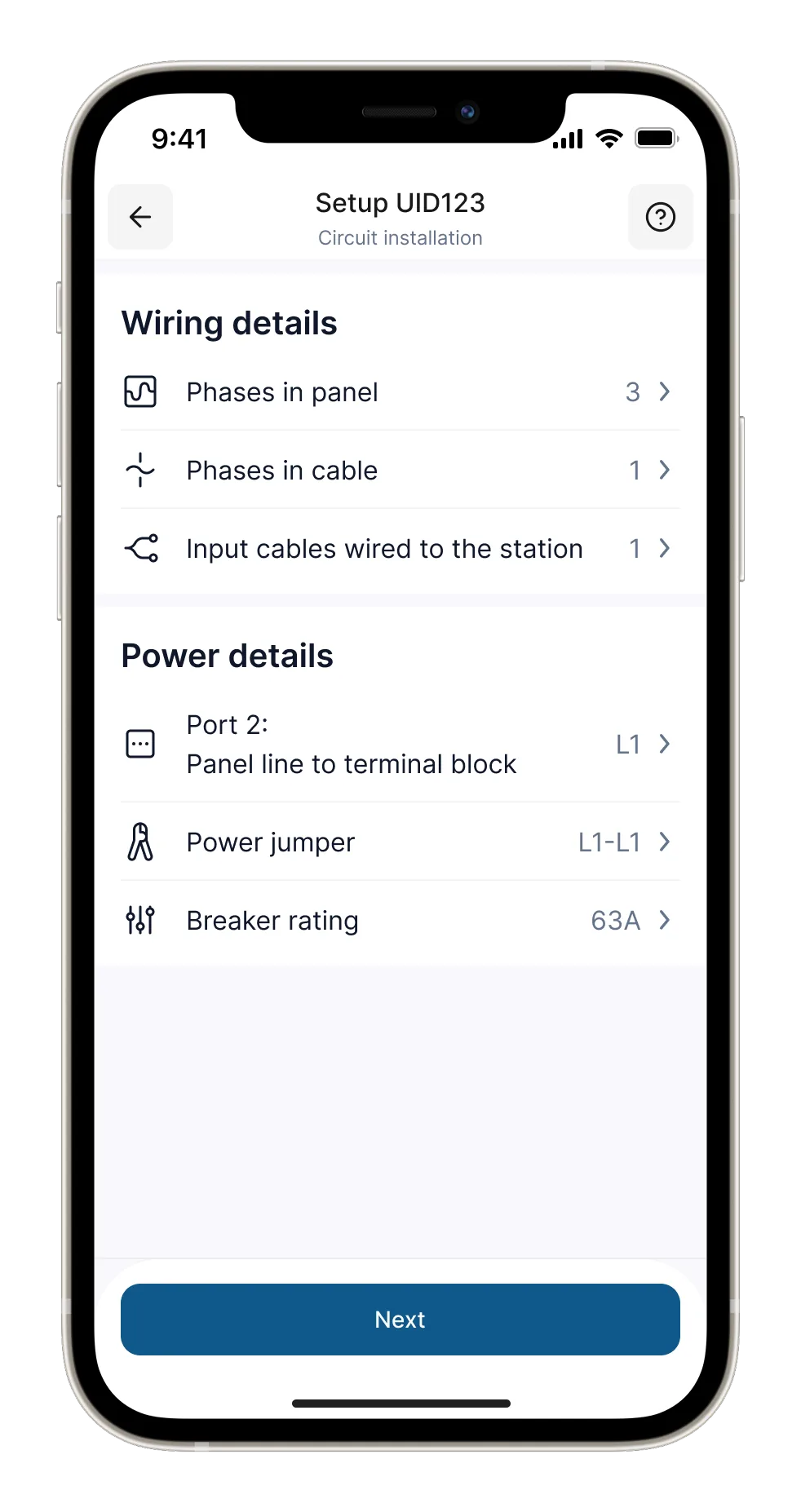 Wiring details pre-filled with defaults that only need review